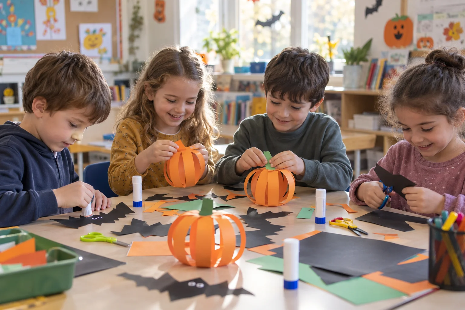Quatre enfants fabriquent des décorations en papier dans une classe.