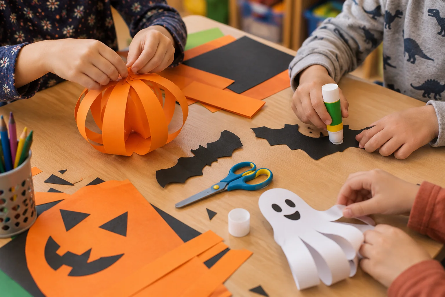 Des mains d’enfants découpent et collent des décorations d’automne.