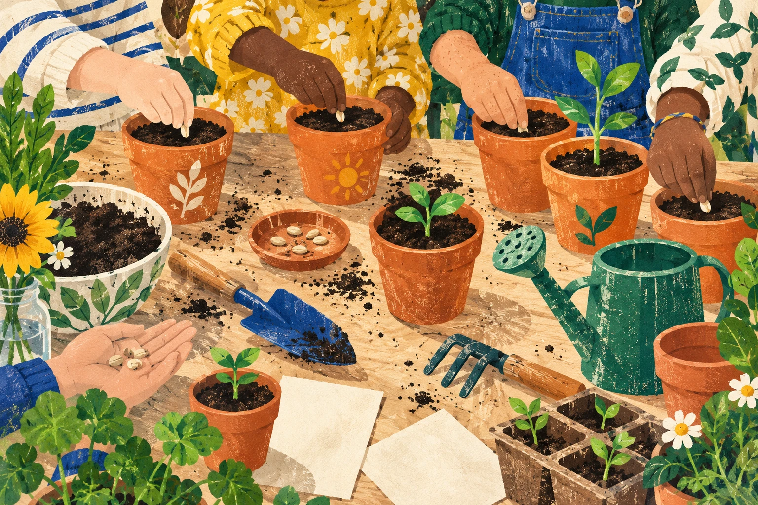 Illustration d’un atelier de semis : des mains plantent des graines dans des pots colorés.